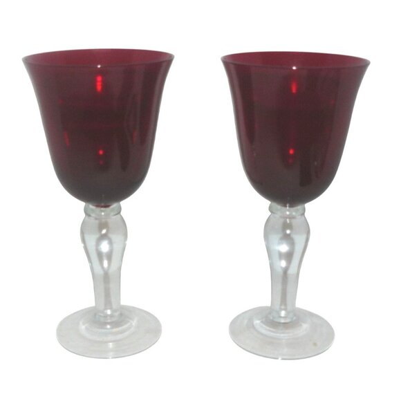 Vintage 2 Retired Ruby Red Water Wine Goblets with Clear Stems 6" Tall - Picture 1 of 2